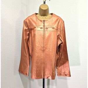 Vintage Metrosyle Leather Jacket XL Beaded Embroidered Metallic Orange Boho Chic